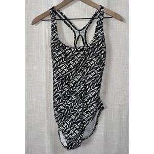Speedo Women's One Piece Swimsuit Size 14 Black White Geometric Print Racerback